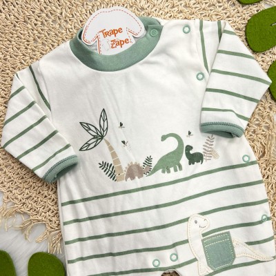 Macacão Trape Zape Listrado com Dinos - Off White e Verde